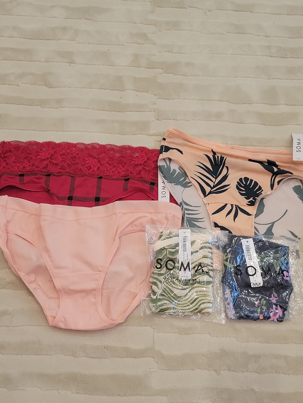 Soma Women’s Panty Bundle — Peach, Black Leaf Print & Red Lace